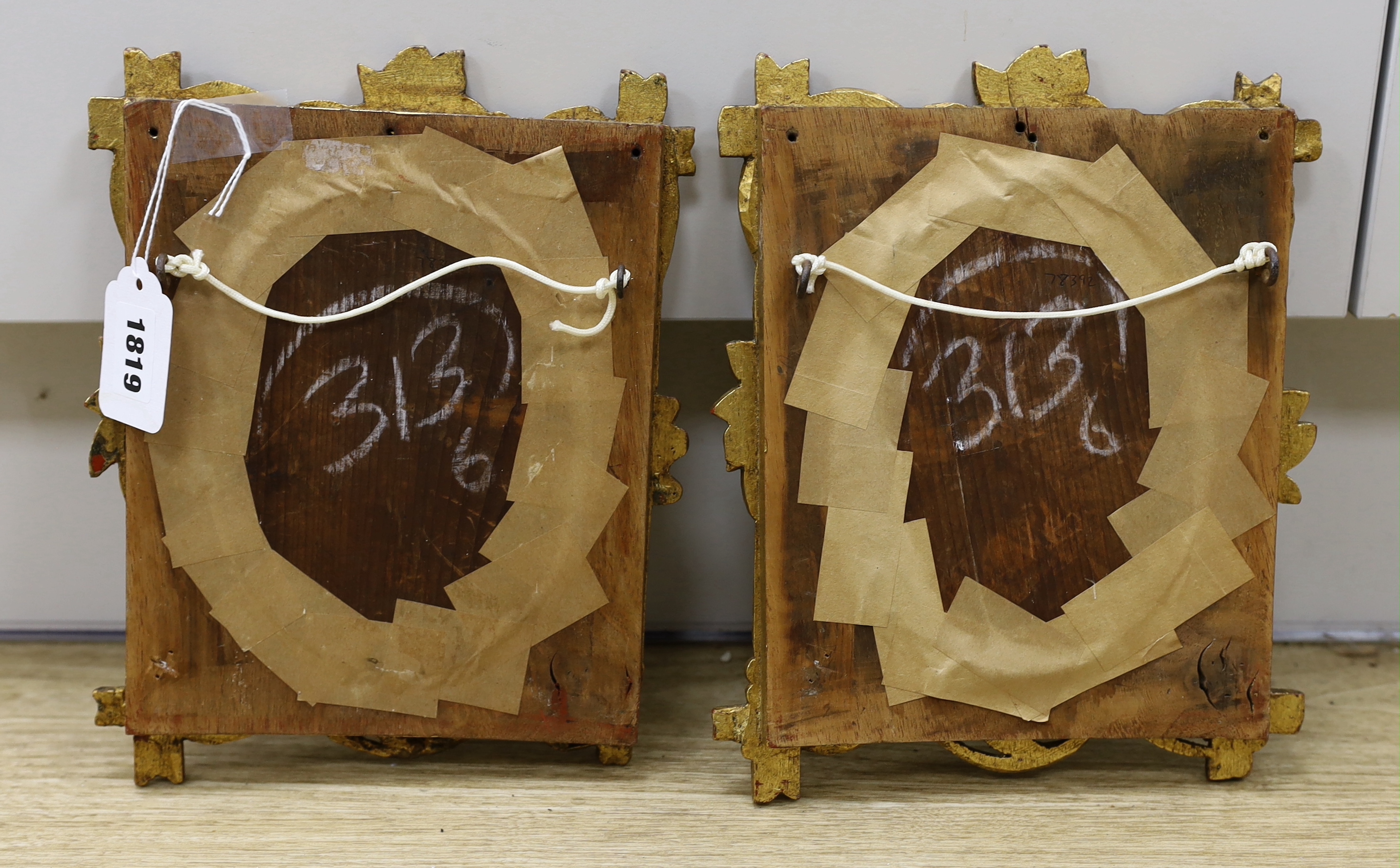 19th century Dutch school, one after Sir Anthony Van Dyck (1599-1641), pair of oils on board, Portraits, 13 x 10cm, oval, ornate gilt framed